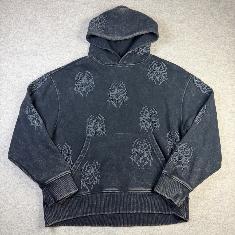 Smoke Rise Mens Sz M Mineral Wash Rhinestone Spider Hoodie Black Y2K Streetwear